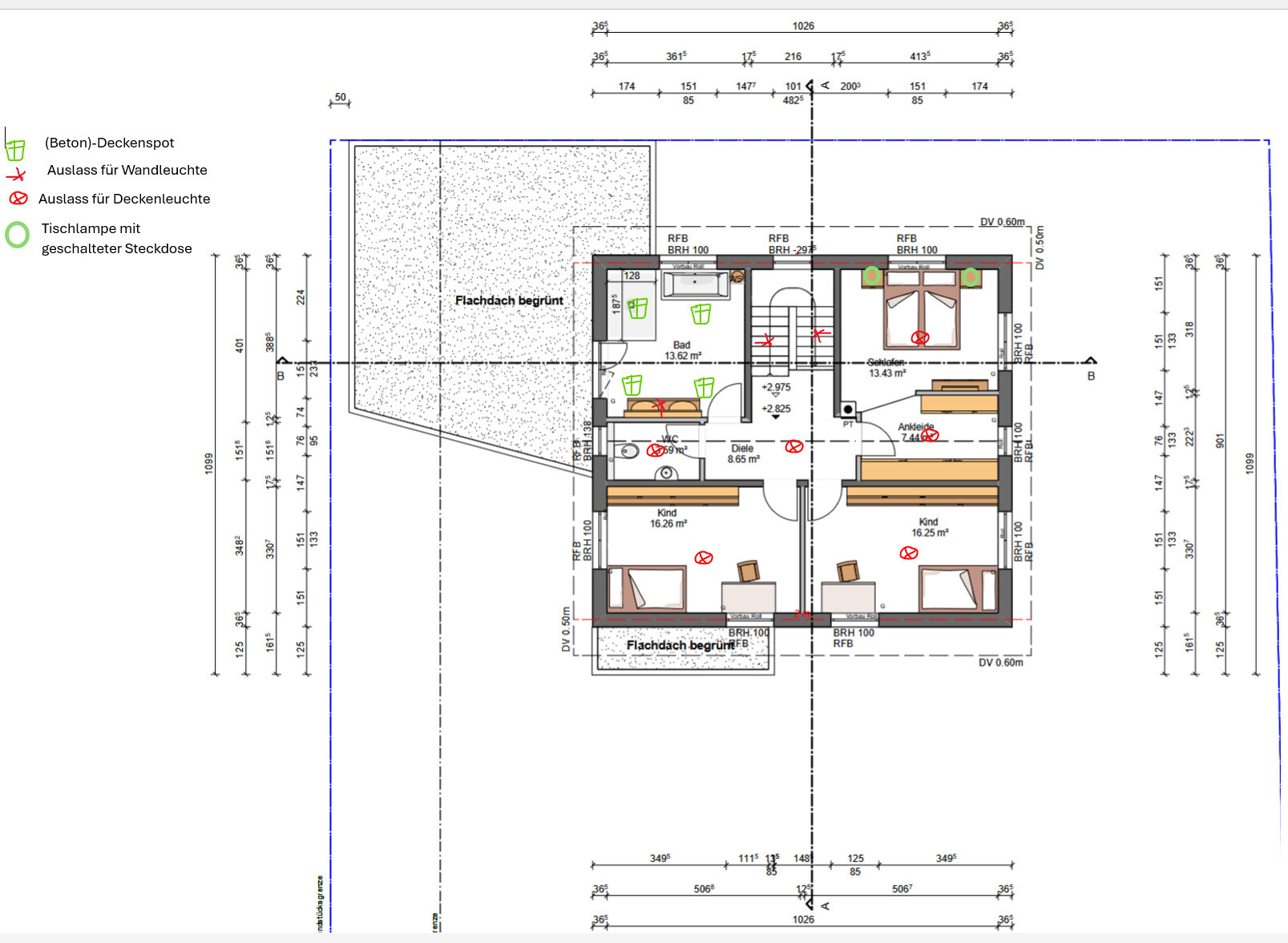 Grundriss Dachgeschoss: Bad, Ankleide, 2 Kinderzimmer, Diele, Maße.