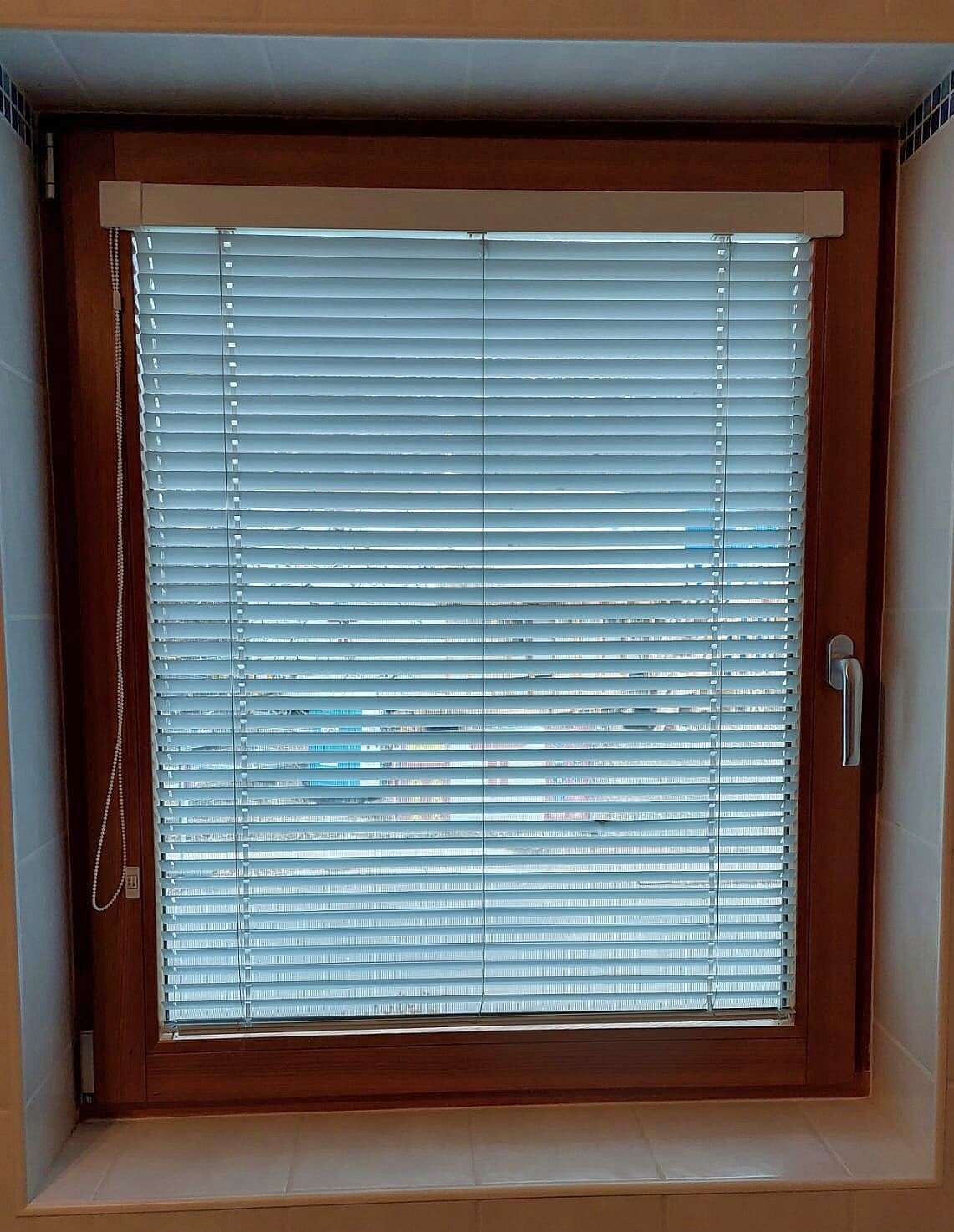 Wooden window with horizontal blinds, cord on the left, handle on the right, view outside.