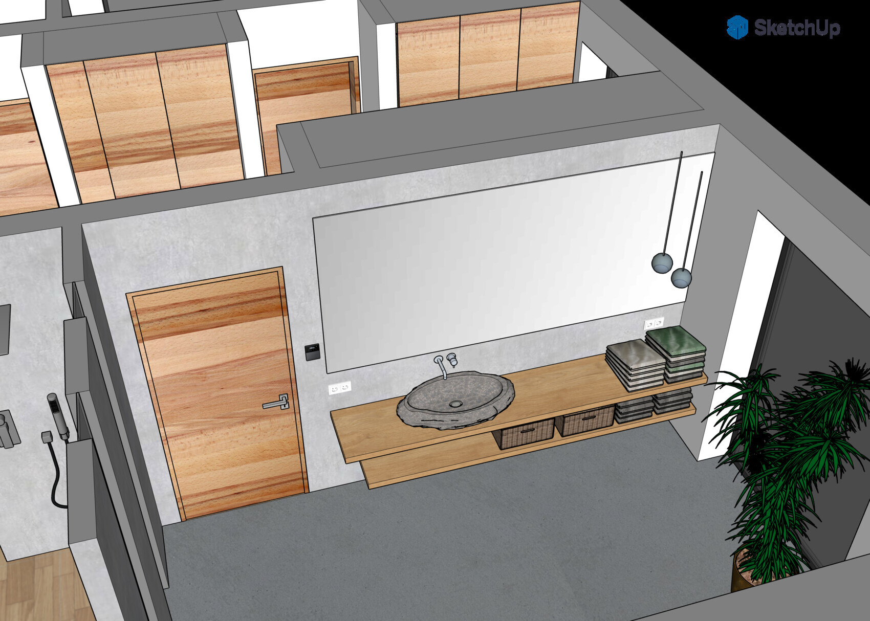 3D bathroom with round stone washbasin on wooden console and pendant lights.