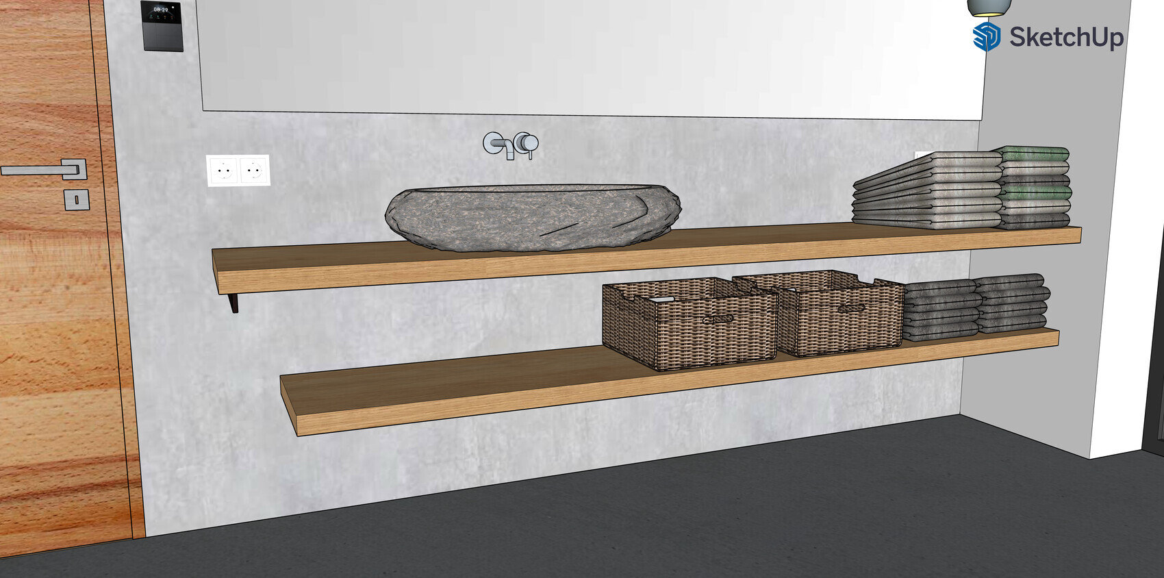 Bathroom with wall-mounted wooden shelf, stone washbasin, stacked towels, and baskets.
