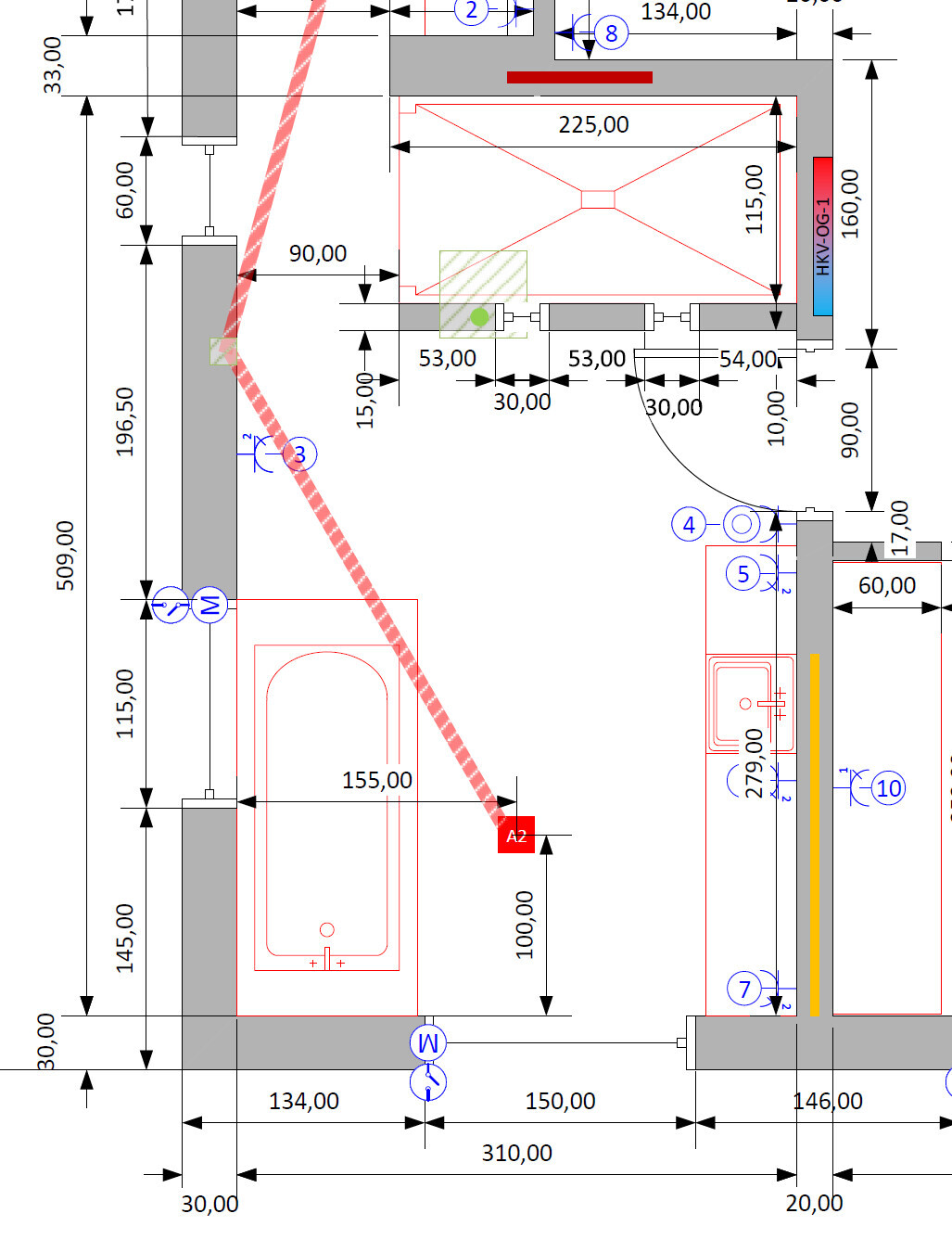 Technical floor plan of a room with dimensions, bathtub, sink, and furniture.