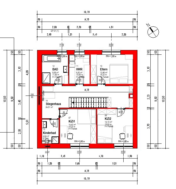 Floor plan of a house: red outline, staircase, bathroom, children’s room 1, children’s room 2, master bedroom, utility room.