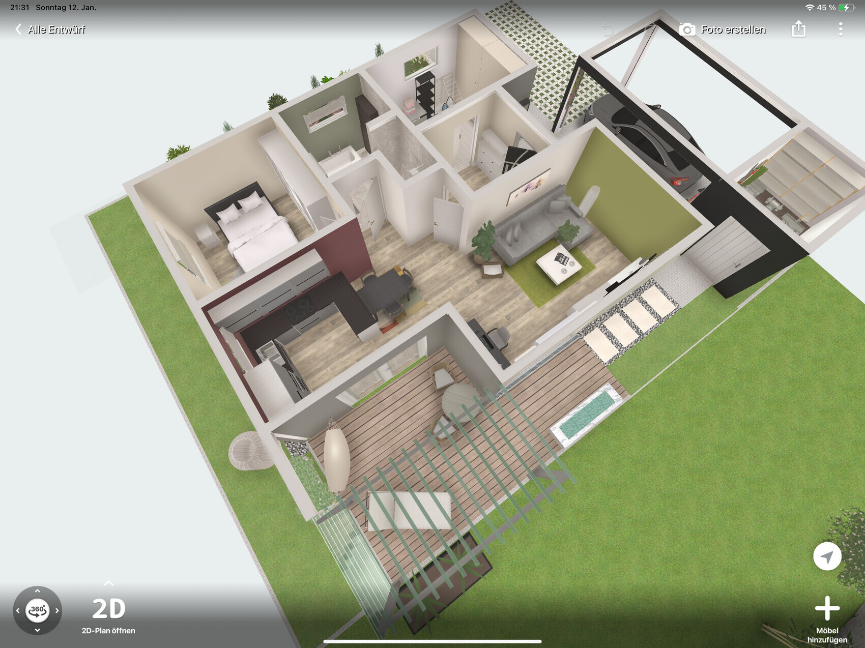 3D floor plan of a house: living room, kitchen, bedroom, bathroom, terrace, and garden.
