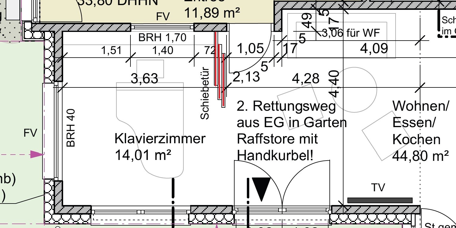 Floor plan of a house: Piano room 14.01 m² (151 sq ft); Living/Dining/Kitchen 44.80 m² (482 sq ft); 2nd emergency exit from ground floor