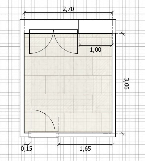 Grundriss eines rechteckigen Raums, Maße 2,70 m x 3,06 m; zwei Türen oben, Tür unten links.
