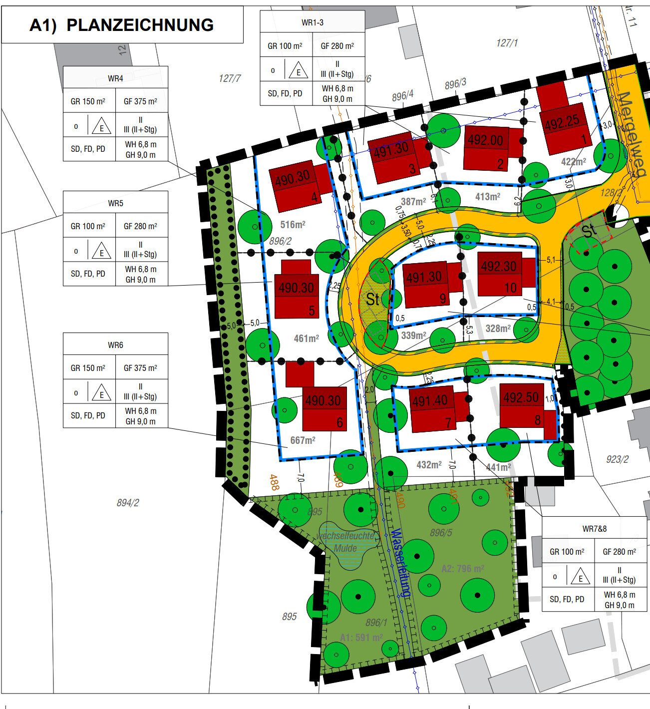 Plan drawing of a residential area with red houses, yellow streets, green areas, and trees.