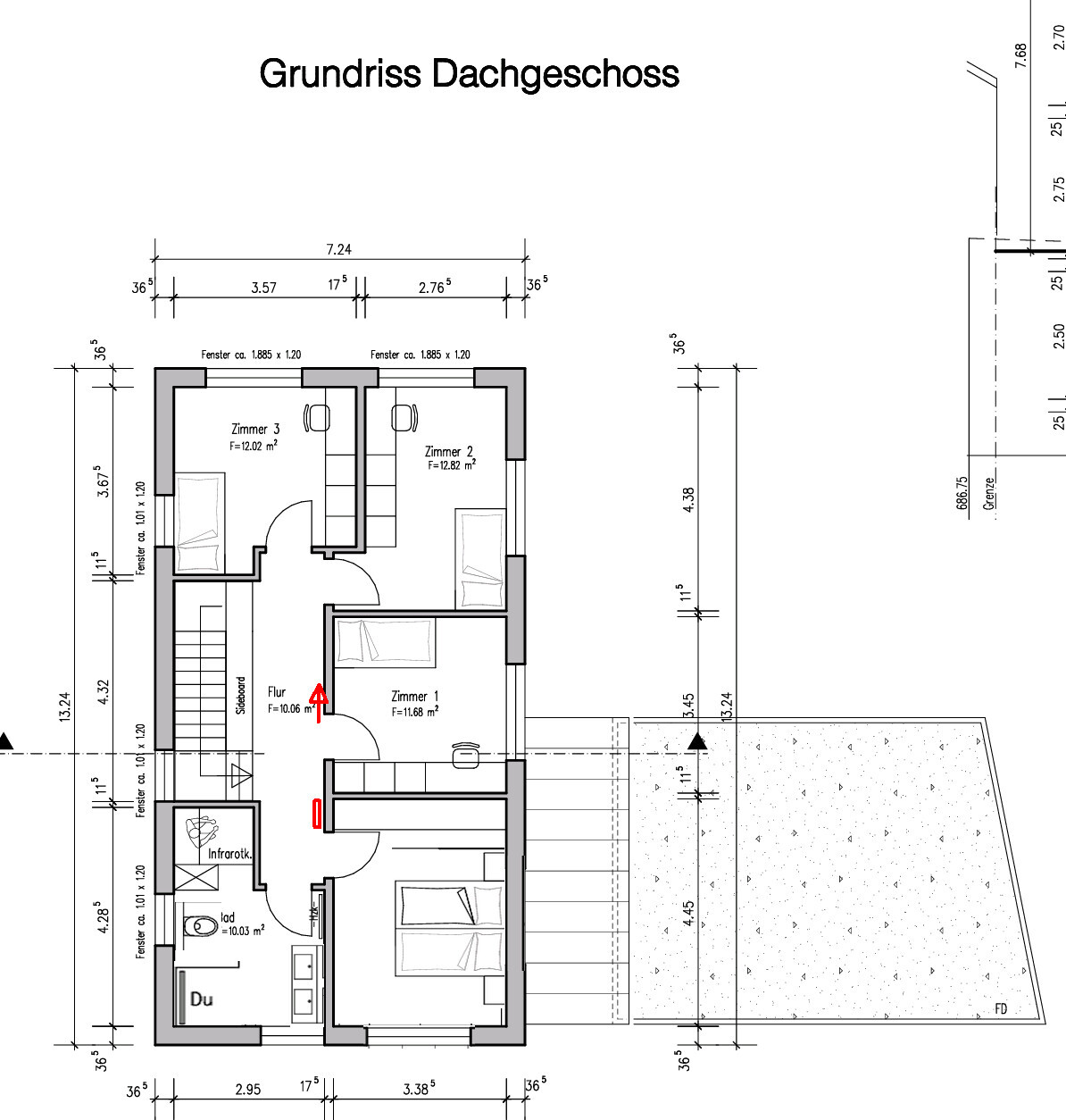 Attic floor plan: upper level with Rooms 1–3, hallway, bathroom, and terrace.