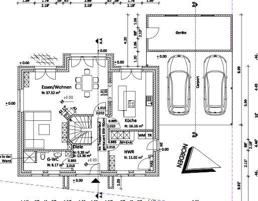 Floor plan of a house: dining/living area, kitchen, hallway, guest toilet, utility room, stairs, garage with two vehicles.
