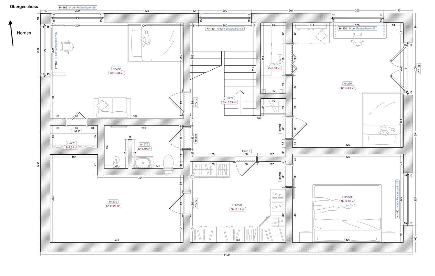 Upper floor plan: bedroom, bathroom, hallway, stairwell.