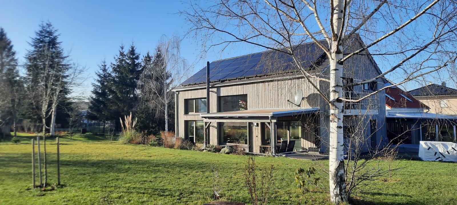 Modern wooden house with solar panel roof, glass front, terrace, and birch tree in the foreground.