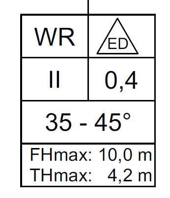 Technical drawing of a roof plan showing ridge height, eaves height, and roof pitch 35-45°
