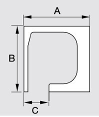 2D floor plan with external dimensions A, B and inner radius C plus rounded corner