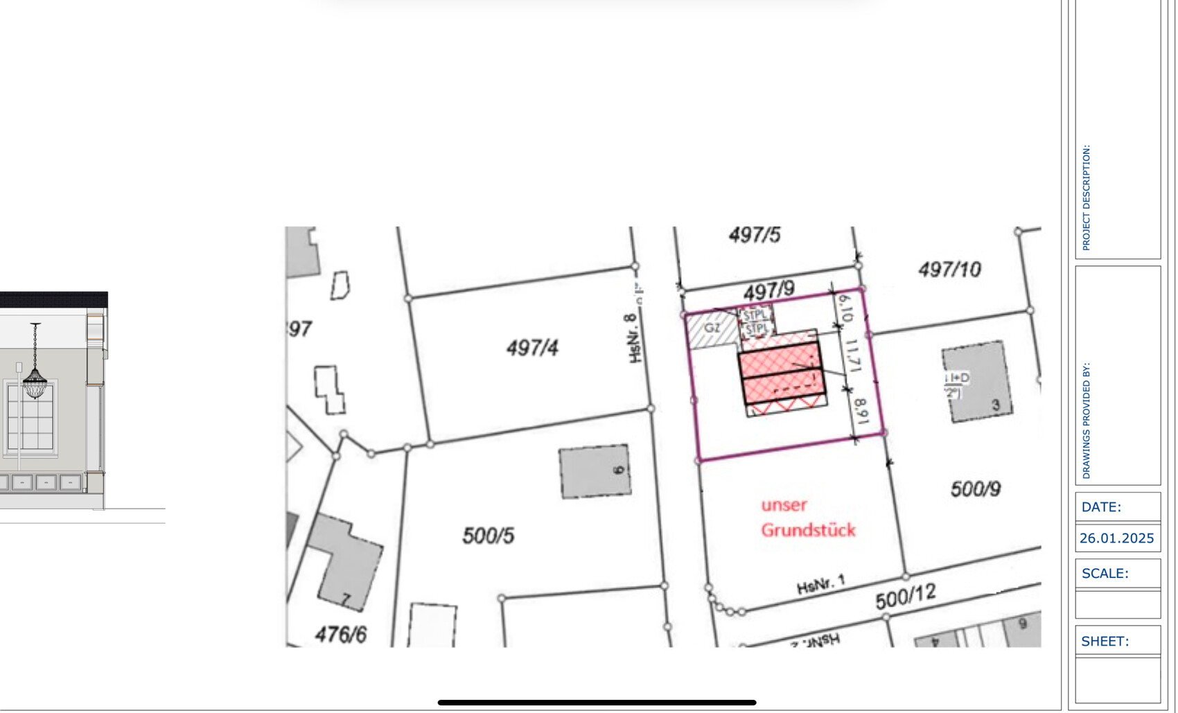 Site plan: pink outline of the plot with red shaded building area.