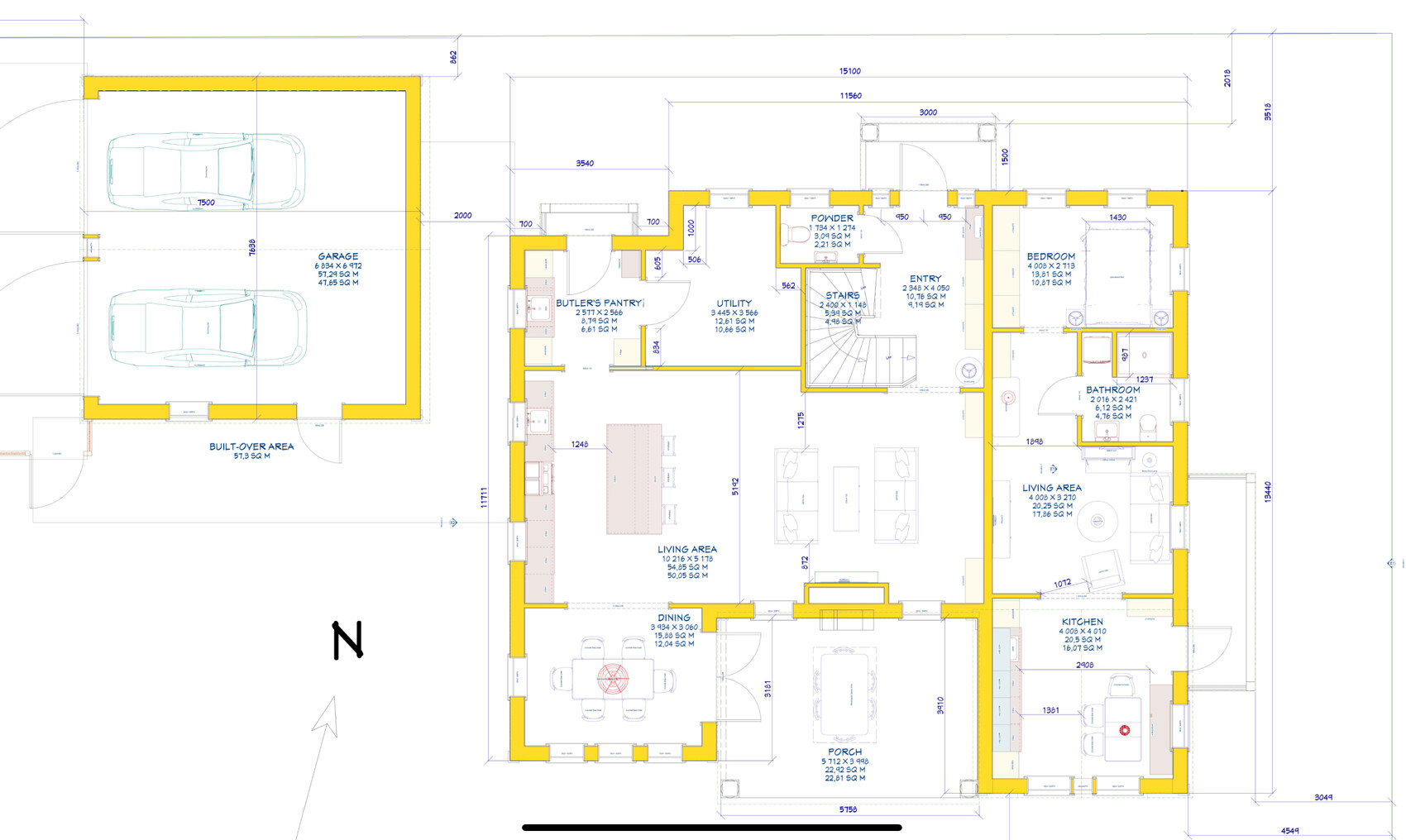 Floor plan of a single-family house with garage on the left, yellow walls, rooms like living, kitchen, bathroom.