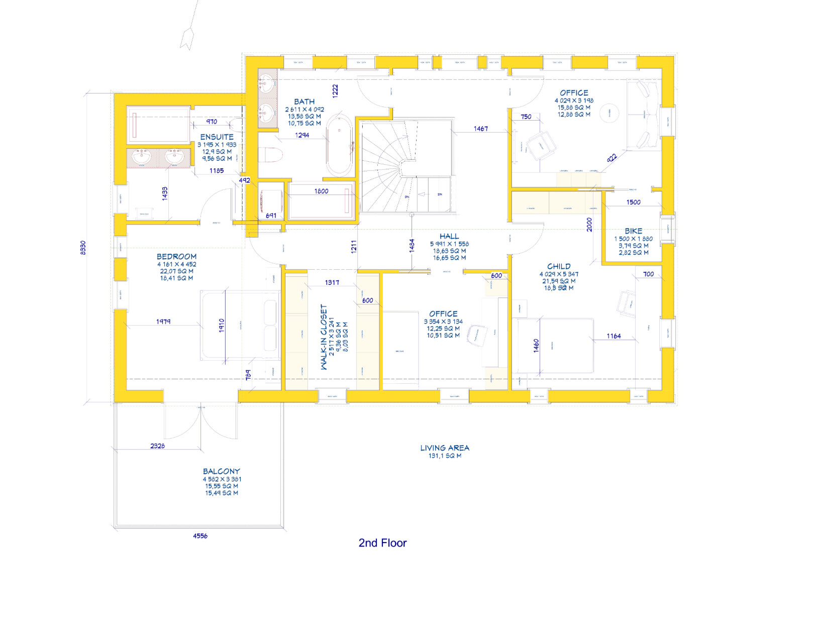 Second floor plan: bedroom, bathroom, ensuite, office, living room, balcony, children's room.
