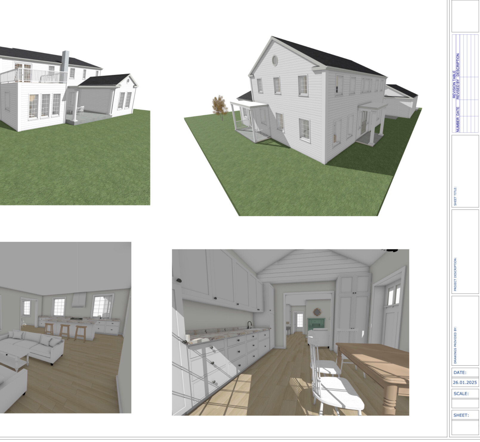 3D render: white houses on grass; interior views of kitchen and living room in a bright style.