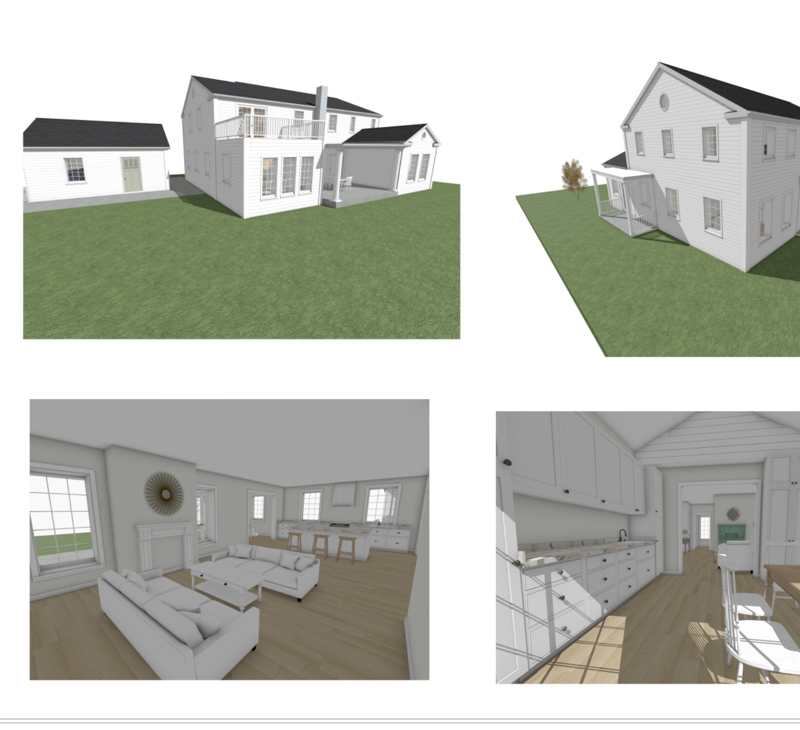 3D rendering: white houses with garden; interiors: living room and kitchen.