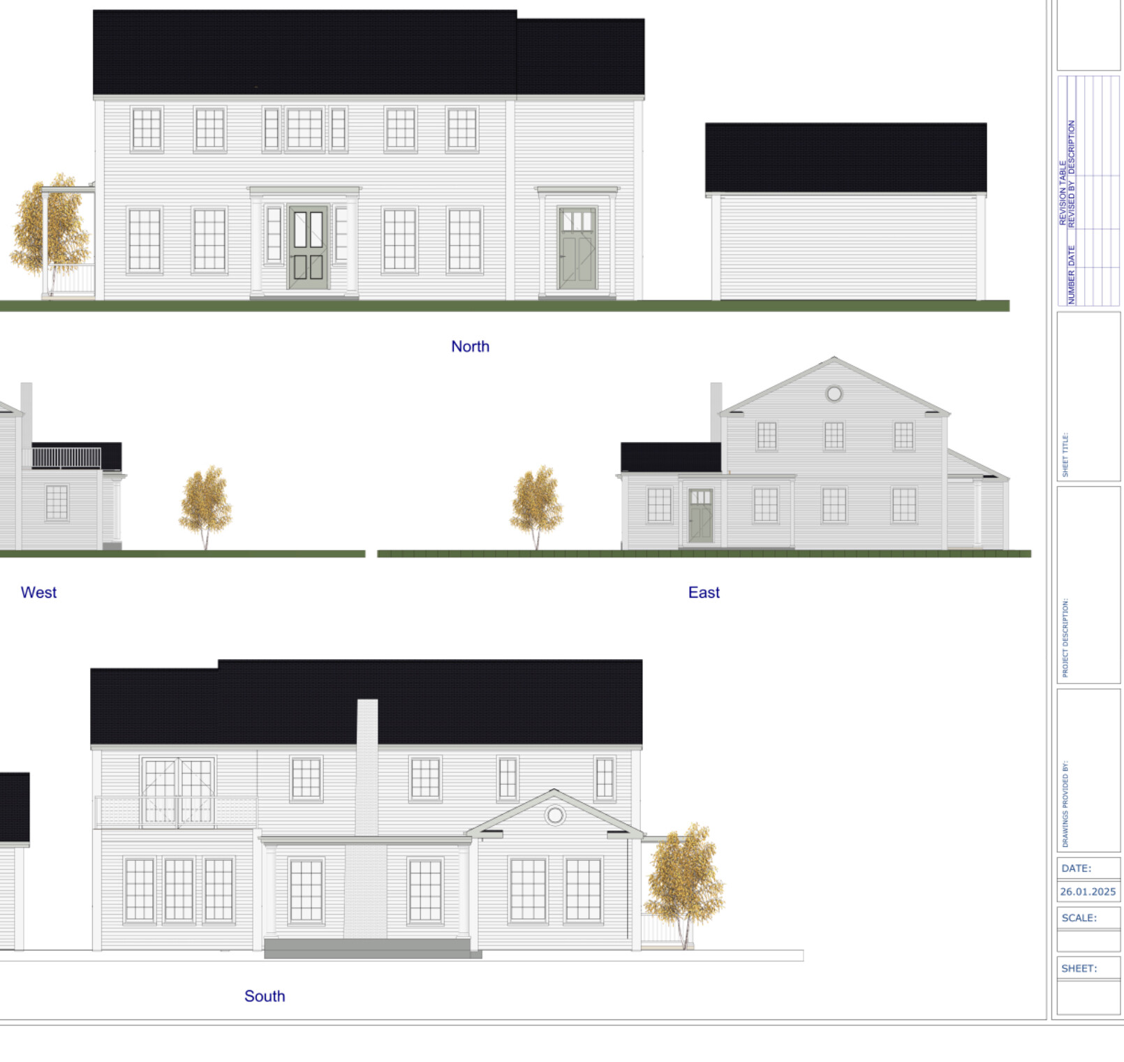 North, west, east and south views of a single-family house with garage, windows and trees.