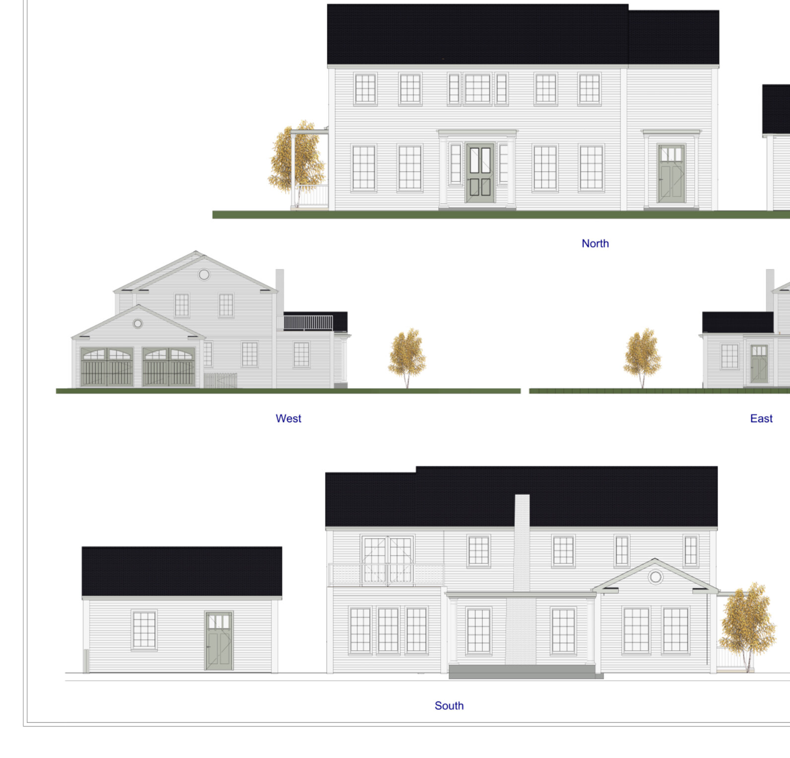 Architectural drawing of a large house with garage, trees and facade views (north, west, east, south).