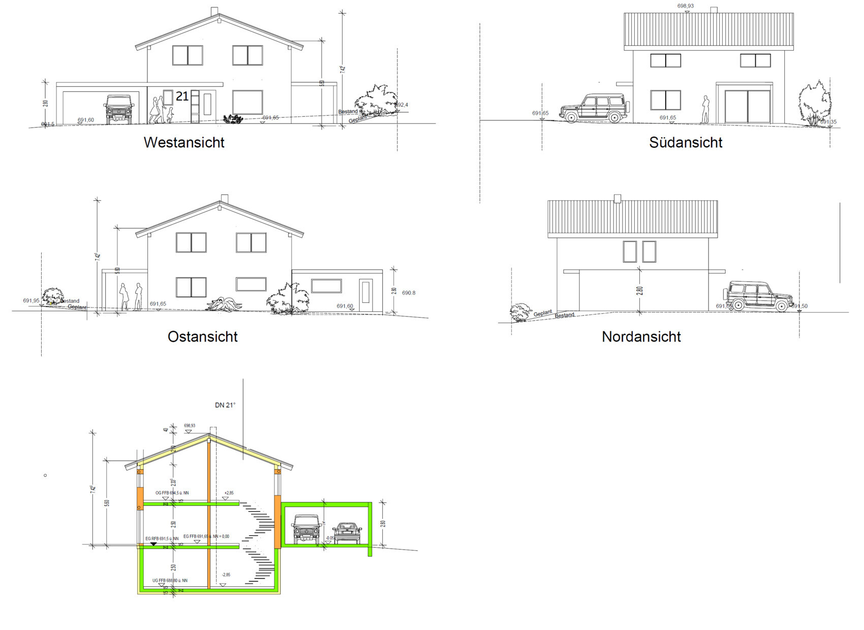 Architectural drawing of a house with west, east, north, and south elevations and garage