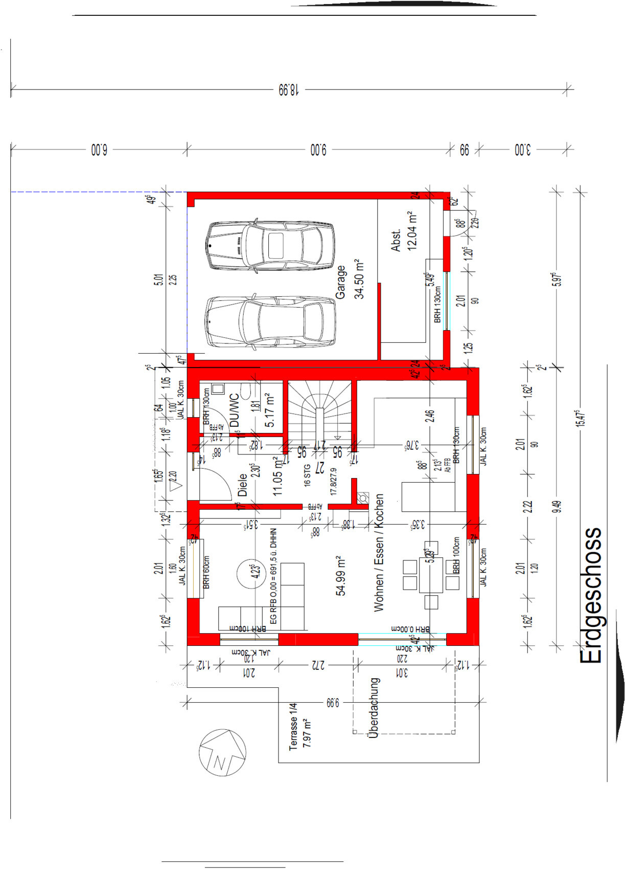 Ground floor plan: garage for two cars, living/dining/kitchen area, entrance hall, storage room, stairwell, terrace.