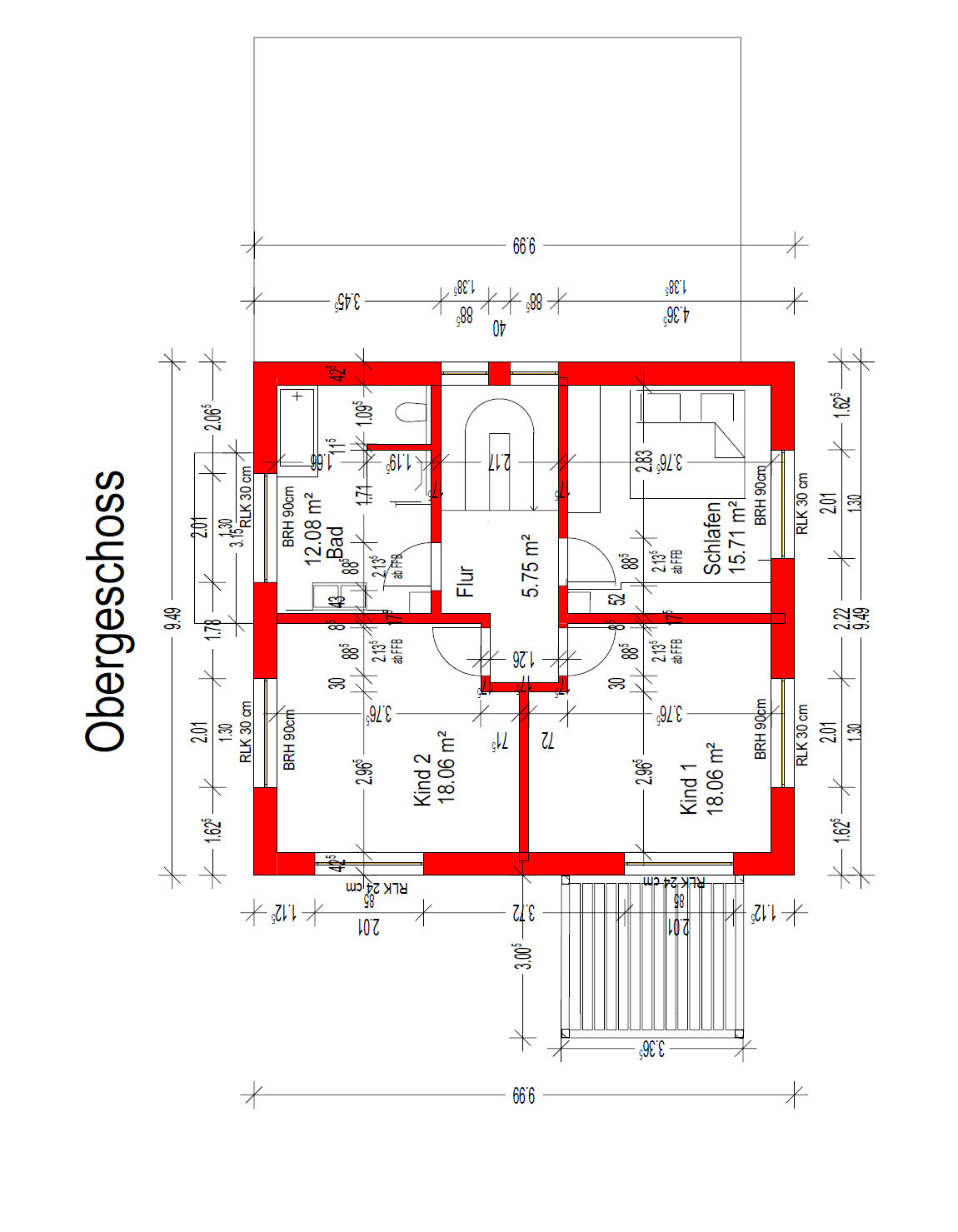 Upper floor plan: corridor, master bedroom, children’s rooms, bathroom, highlighted red walls.