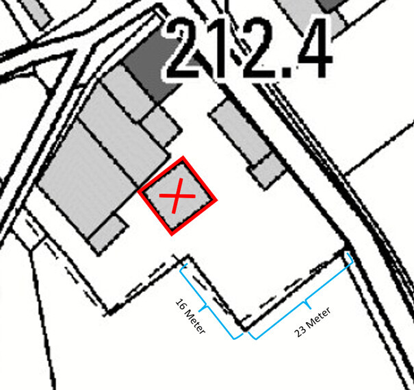 Site plan of a property with red X-marking; dimensions 16 m and 23 m.
