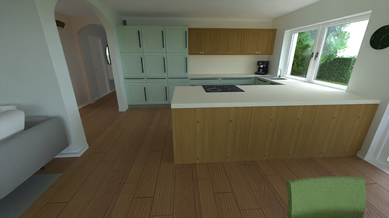 Modern kitchen with island, glass-ceramic cooktop, mint green tall cabinets, and window with garden view.