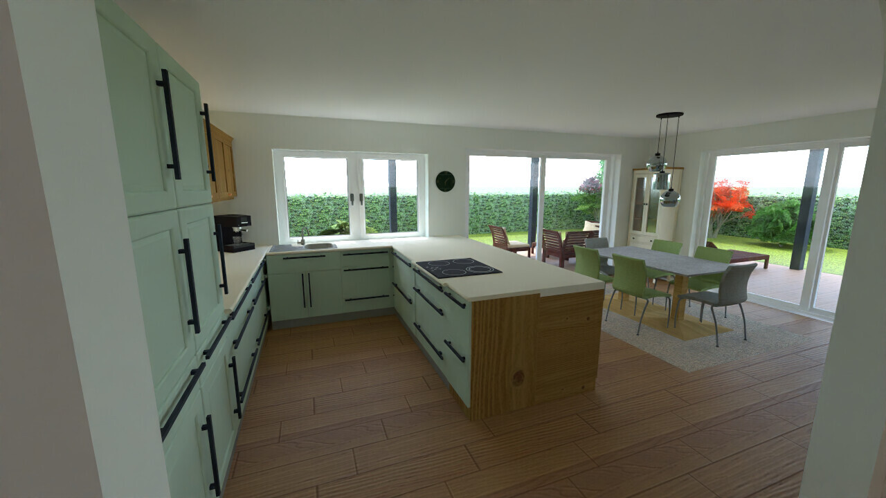 Modern kitchen with green cabinets, cooking island, dining table, and garden view.