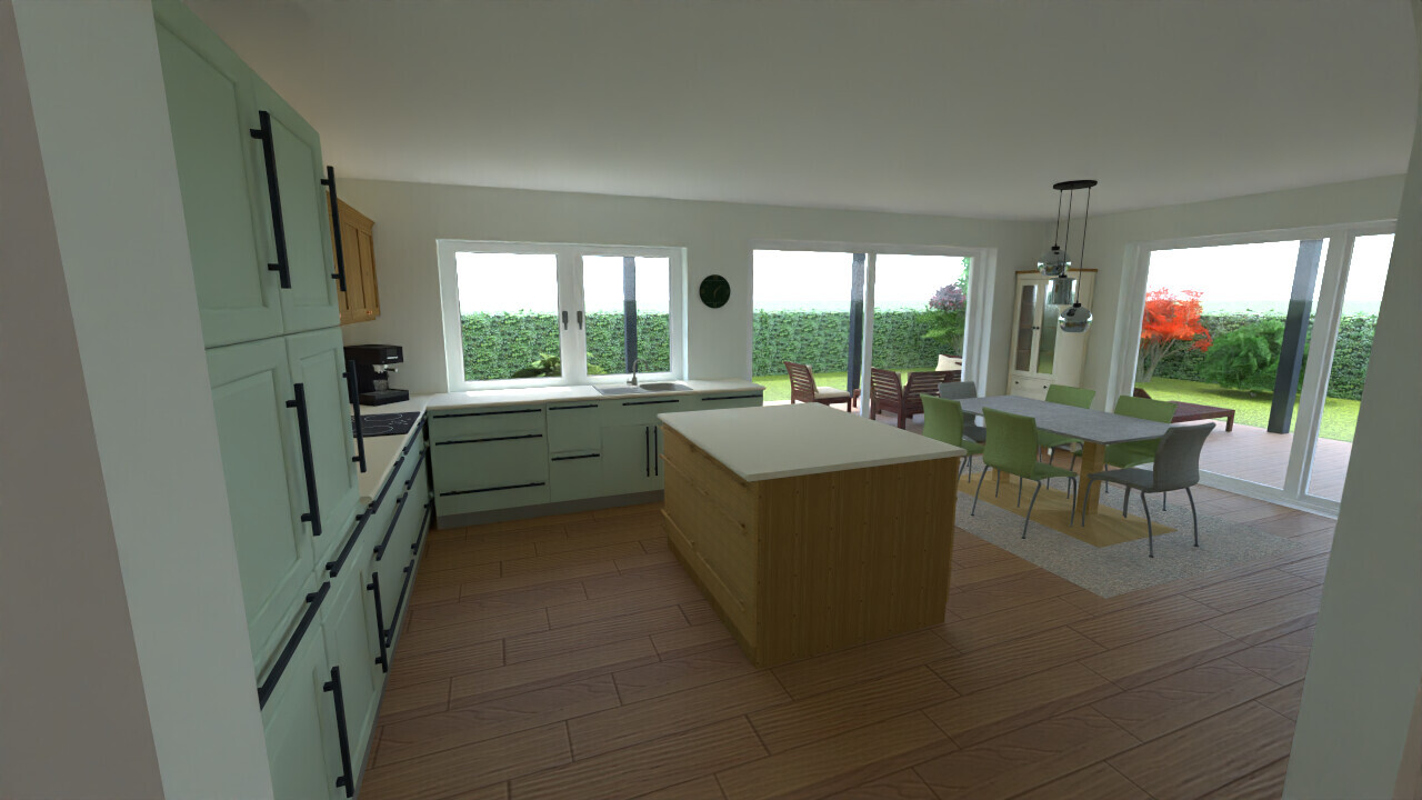 Modern kitchen with light green cabinets, kitchen island, and dining area with garden view.