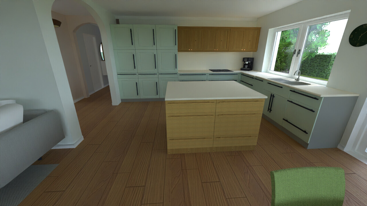 Bright kitchen with mint green cabinets, kitchen island, sink by the window, and wooden flooring.