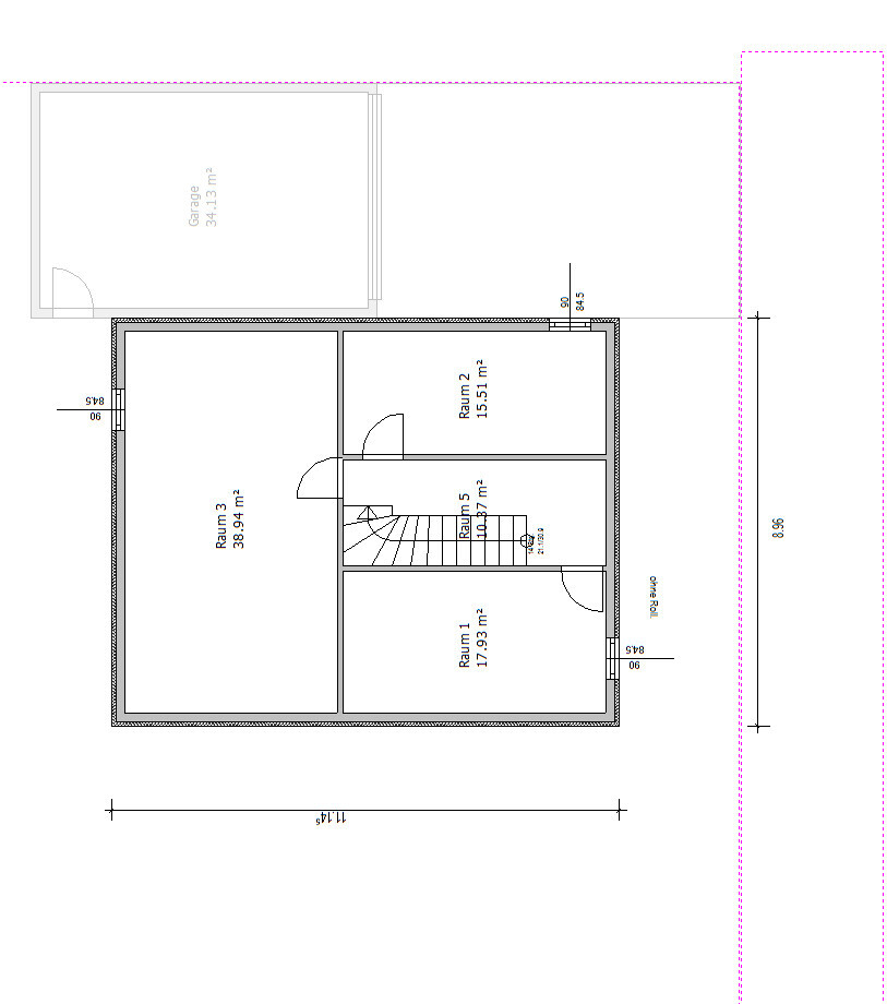 Floor plan of a building: garage on the left, central stairwell, and several rooms with doors.