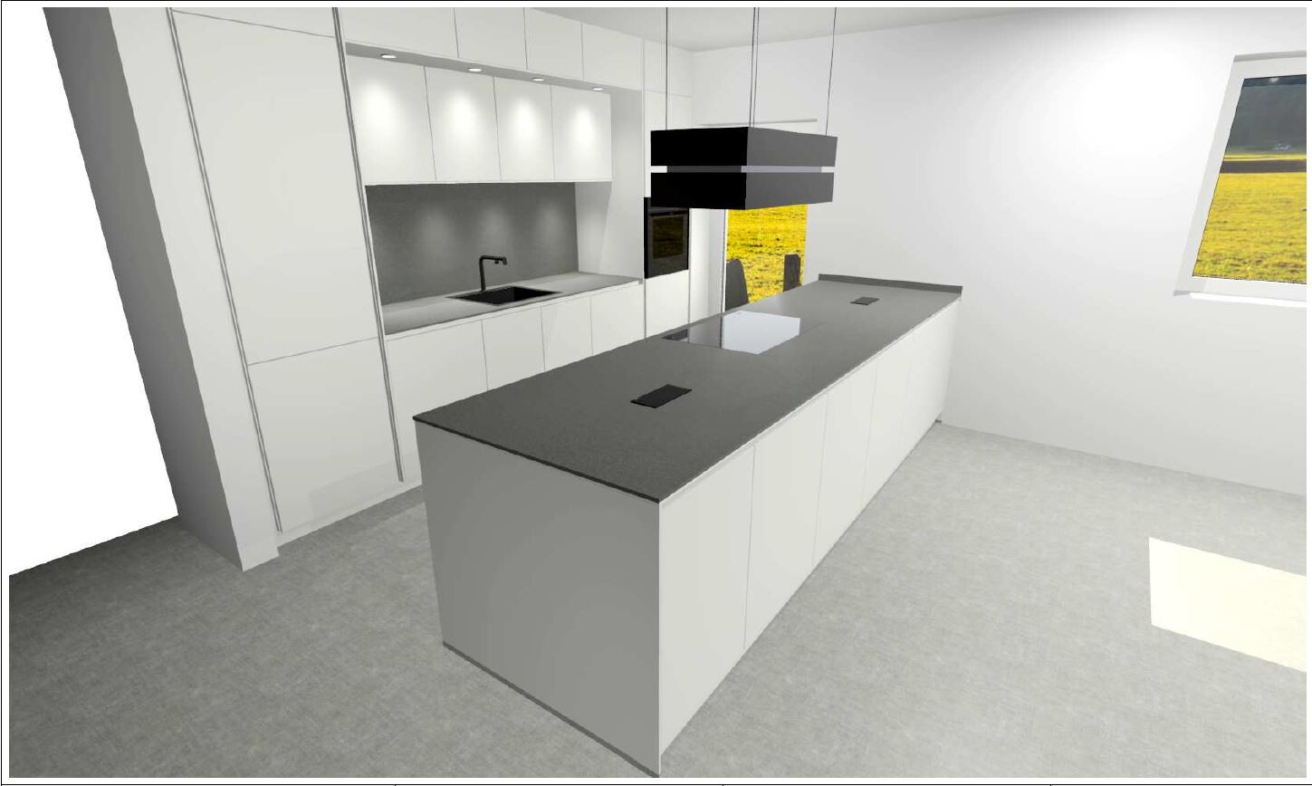 3D-Rendering einer modernen Küche mit Insel und grauer Arbeitsplatte