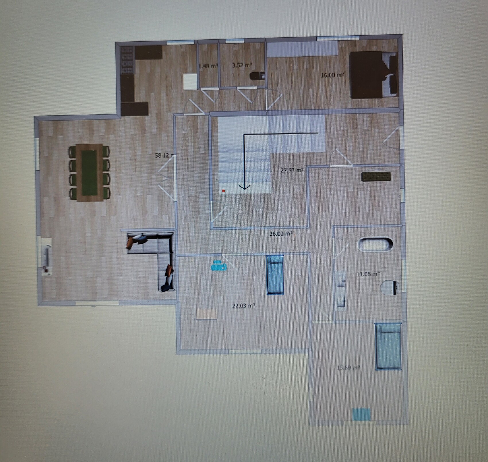 Floor plan: open rooms, central staircase, dining area on the left, bedroom on the right, bathroom bottom right.