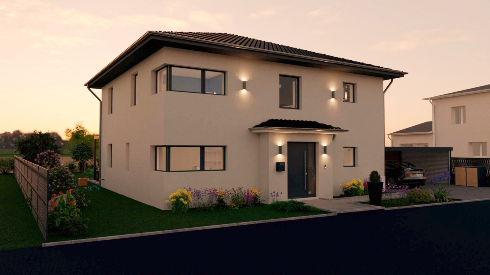 Modern two-story villa with garden, driveway, and illuminated facade at dusk.