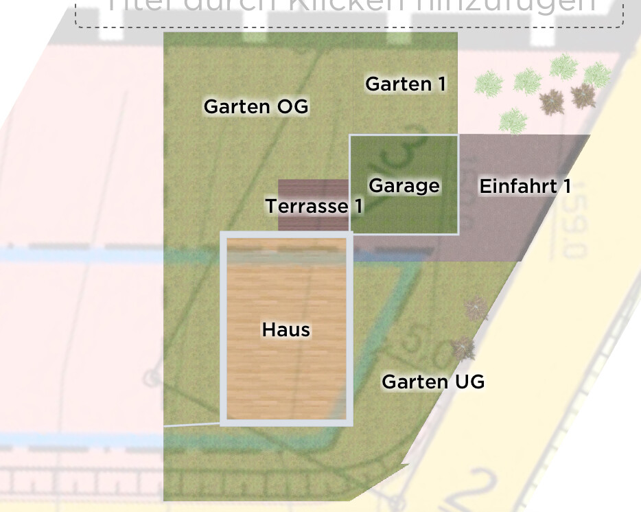 Grundriss eines Hauses mit Terrasse, Garage, Garten OG, Garten UG und Einfahrt.