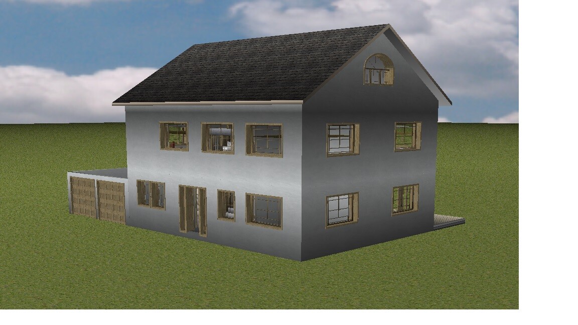 Zweistöckiges Haus mit grauen Fassaden, Holzfenstern, Satteldach und Garage vor Grünland.