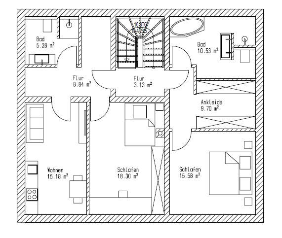 Floor plan of an apartment: two bedrooms, living room, kitchen, bathroom, dressing room, hallway, and staircase.