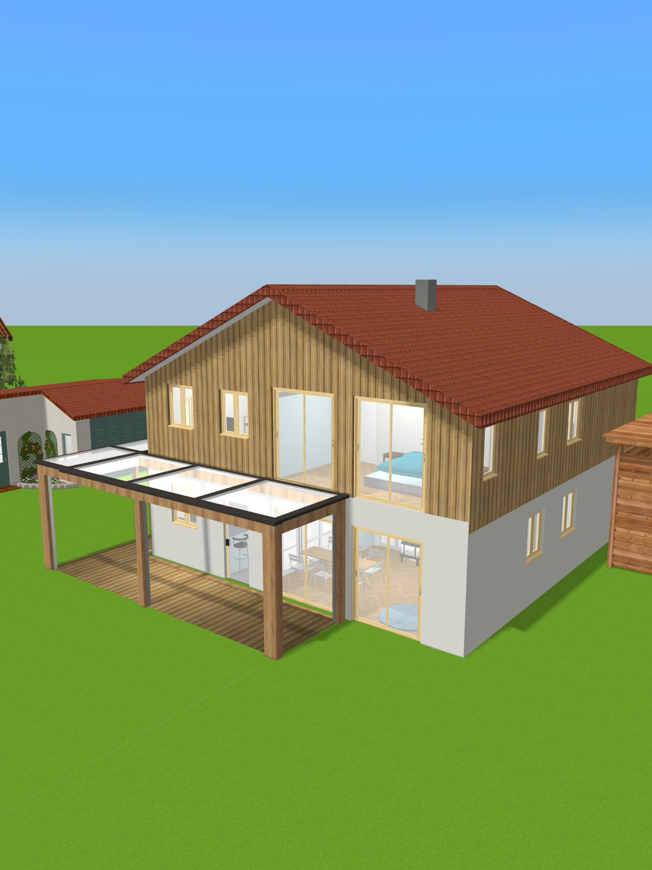 Zweistöckiges Holzhaus mit rotem Ziegeldach, großer Glas-Veranda und grünem Garten.
