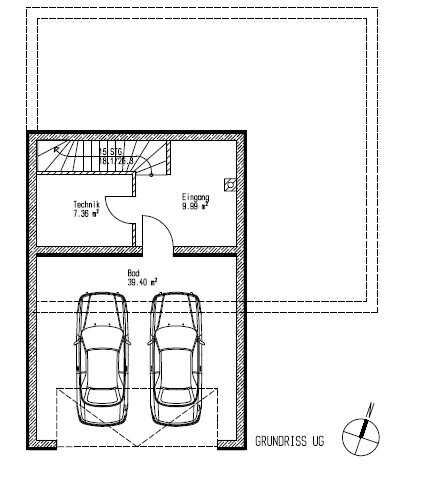 Floor plan basement with garage for two cars, technical room and entrance