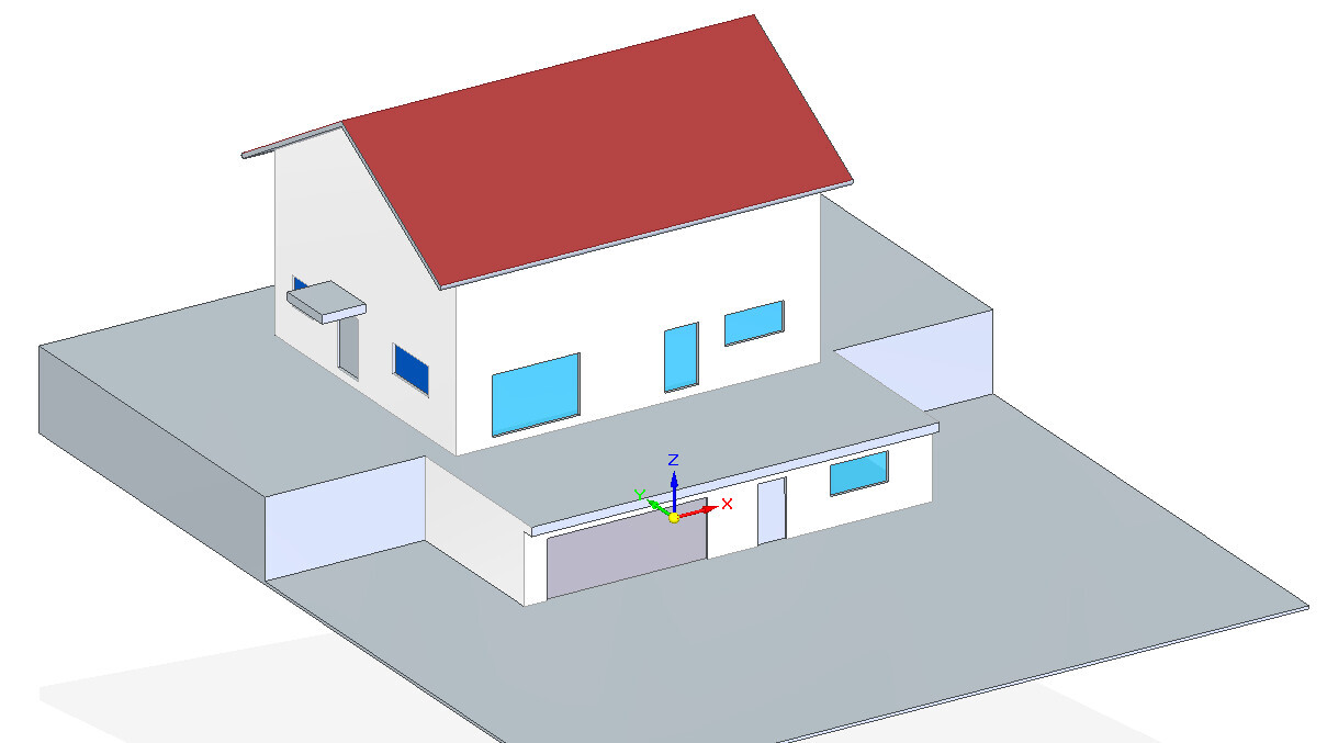 Isometric two-story house with red pitched roof and gray base.