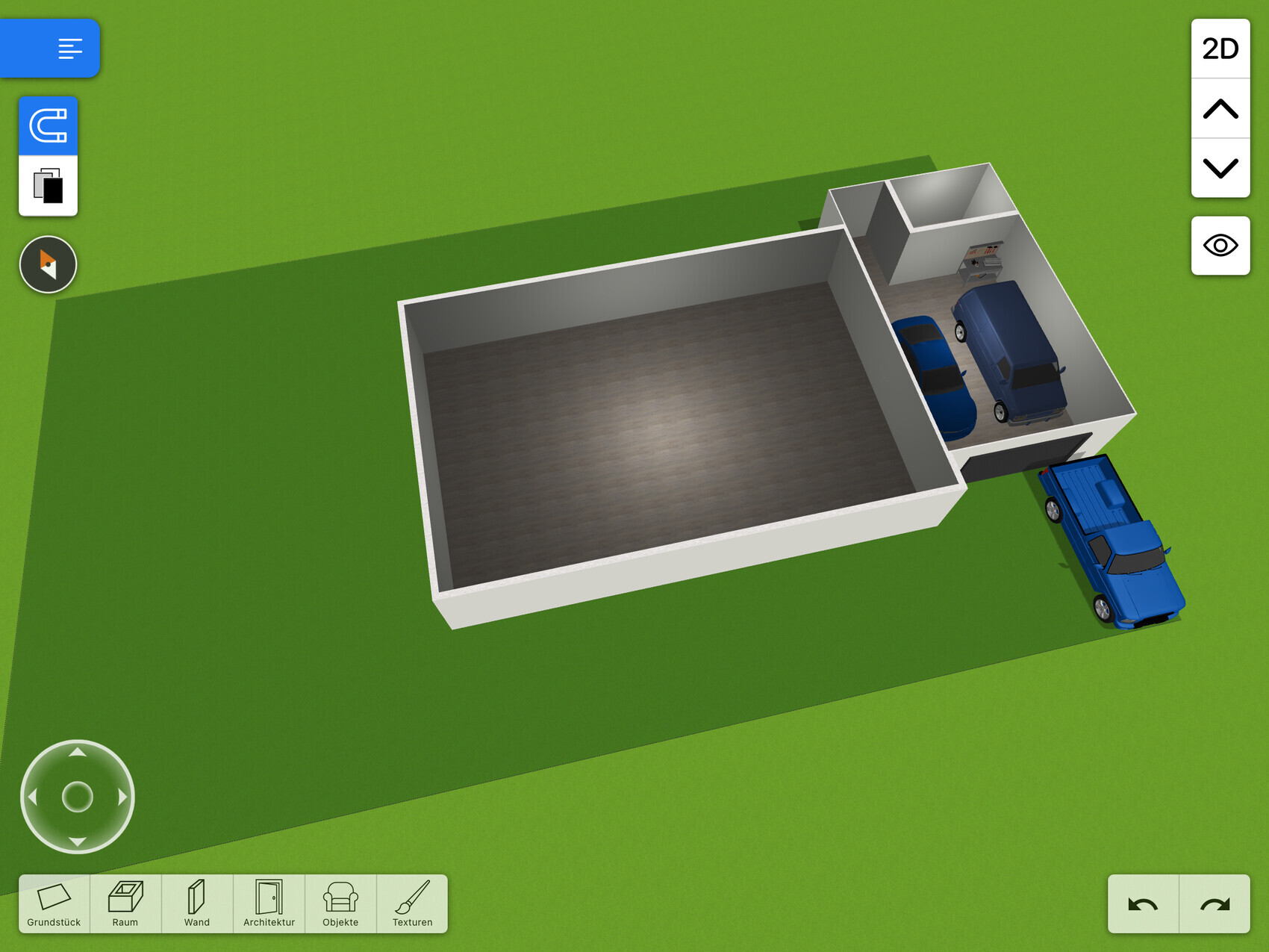 3D view of a building with garage, two blue vehicles in the garage and a blue pickup in front.