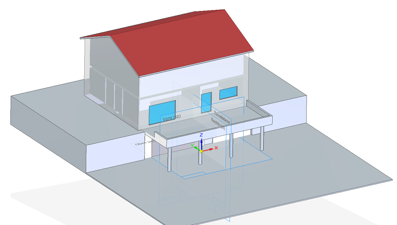 3D model of a house with a red roof supported by columns over a platform; construction lines.