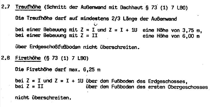 Scan of a building code page with text about eaves and ridge heights (2.7/2.8).