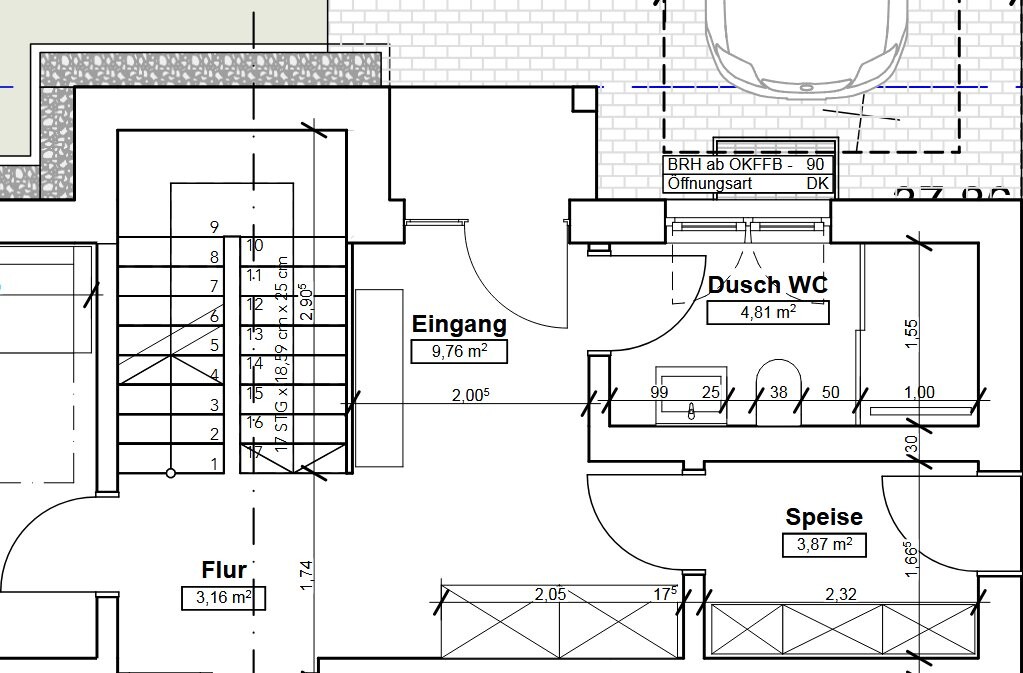 2D floor plan of a house with entrance area, hall and shower-WC.