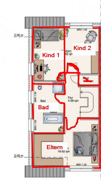 2D floor plan of a house with master bedroom, children’s rooms, bathroom and hallway