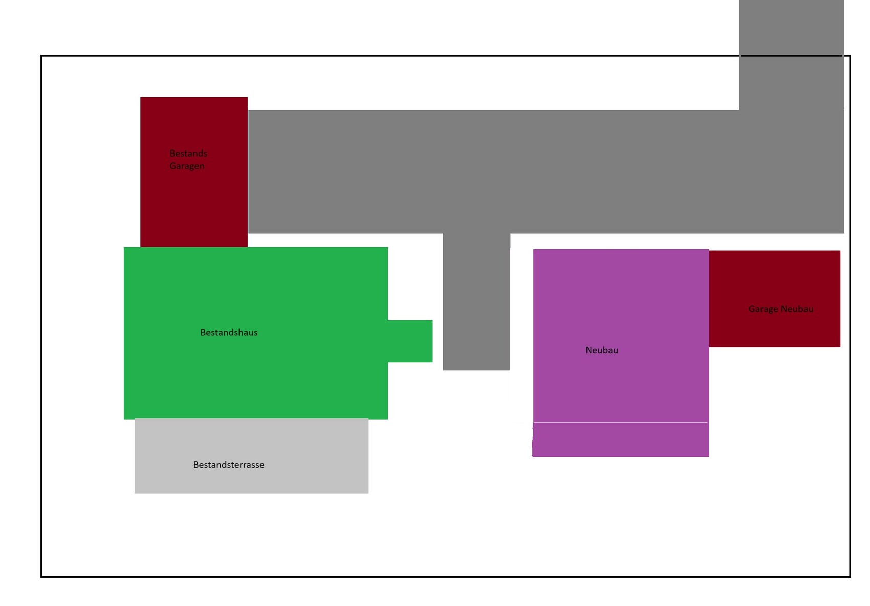 Grundriss eines Gebäudekomplexes: Bestandsgaragen rot, Bestandshaus grün, Neubau lila.
