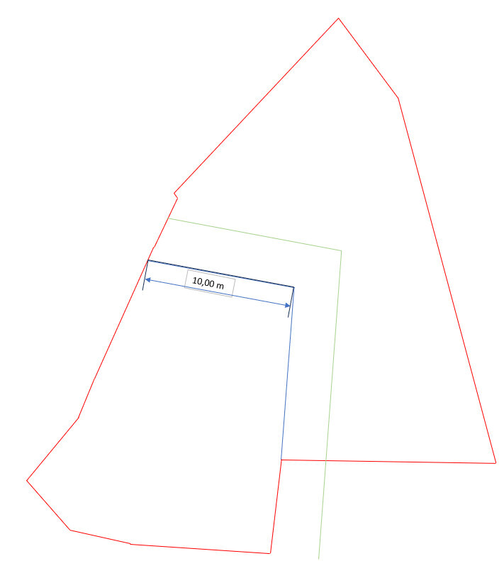 Plot floor plan with red border and blue building area on the plan
