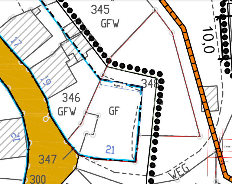 Plot plan with blue outline, orange boundary line, and measurement lines on the map.