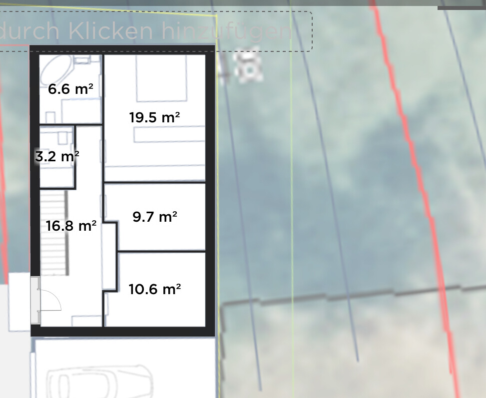 2D floor plan of a house with room size indications over a map